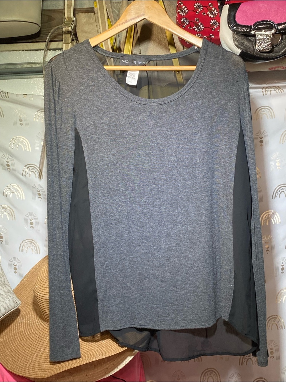 Women's Gray Long-Sleeve Mixed Fabric Top with Sheer Side Panels
